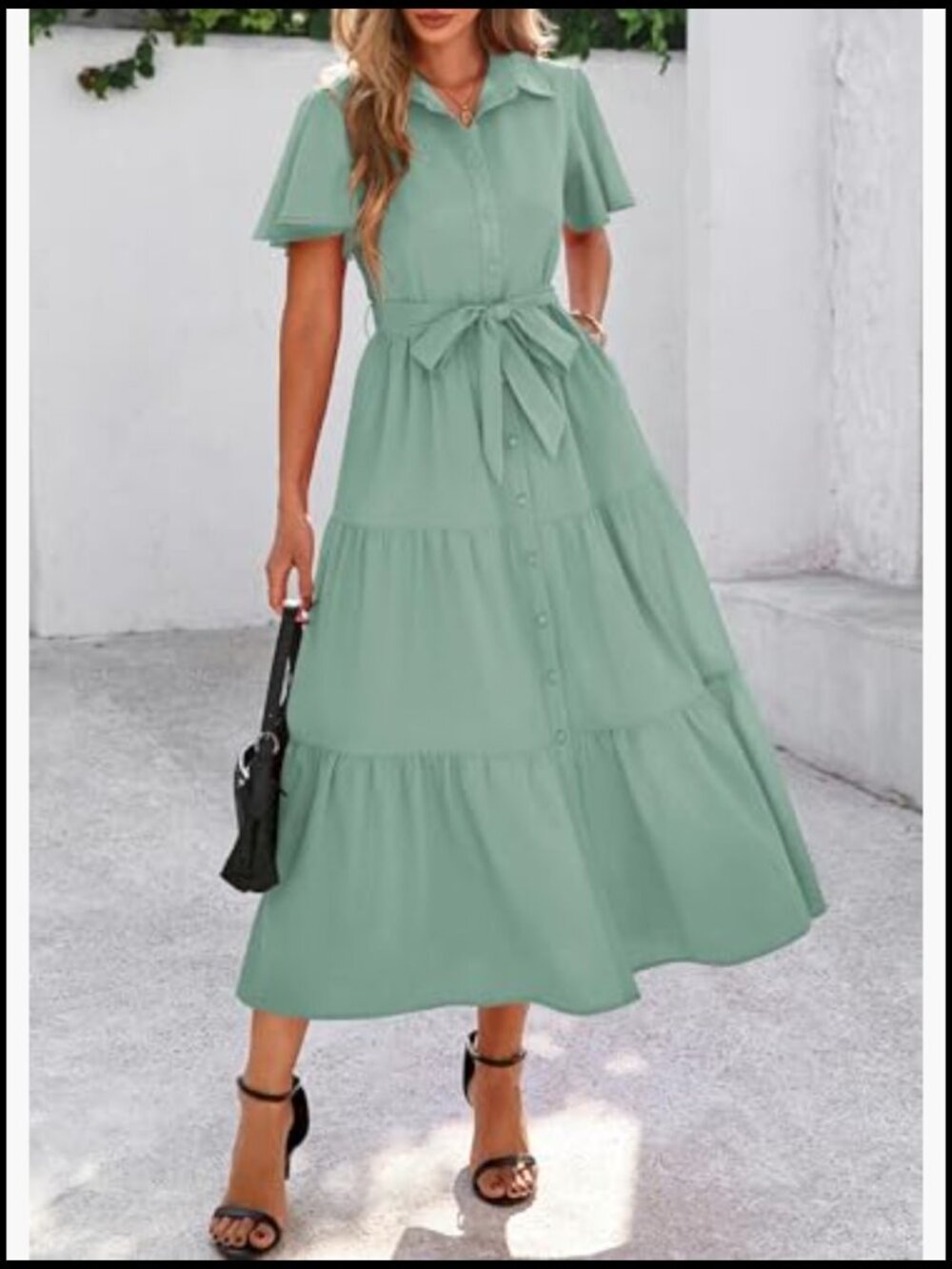 Viscose Polyamide Polyester Maxi Dress Flutter Sleeve Tiered Wedding Guest - Picture 6 of 7